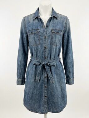 GAP 1969 Denim Shirt Dress Medium Blue Wash Long Sleeve Belted Midi